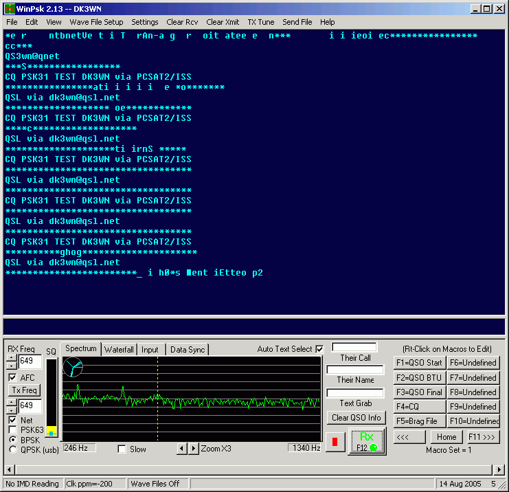 erste PSK Versuche über PCSAT2 am 14.08.2005, 0510UTC