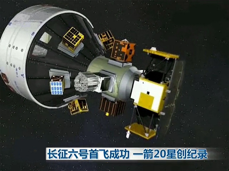 schematic view of twenty satellites in rocket